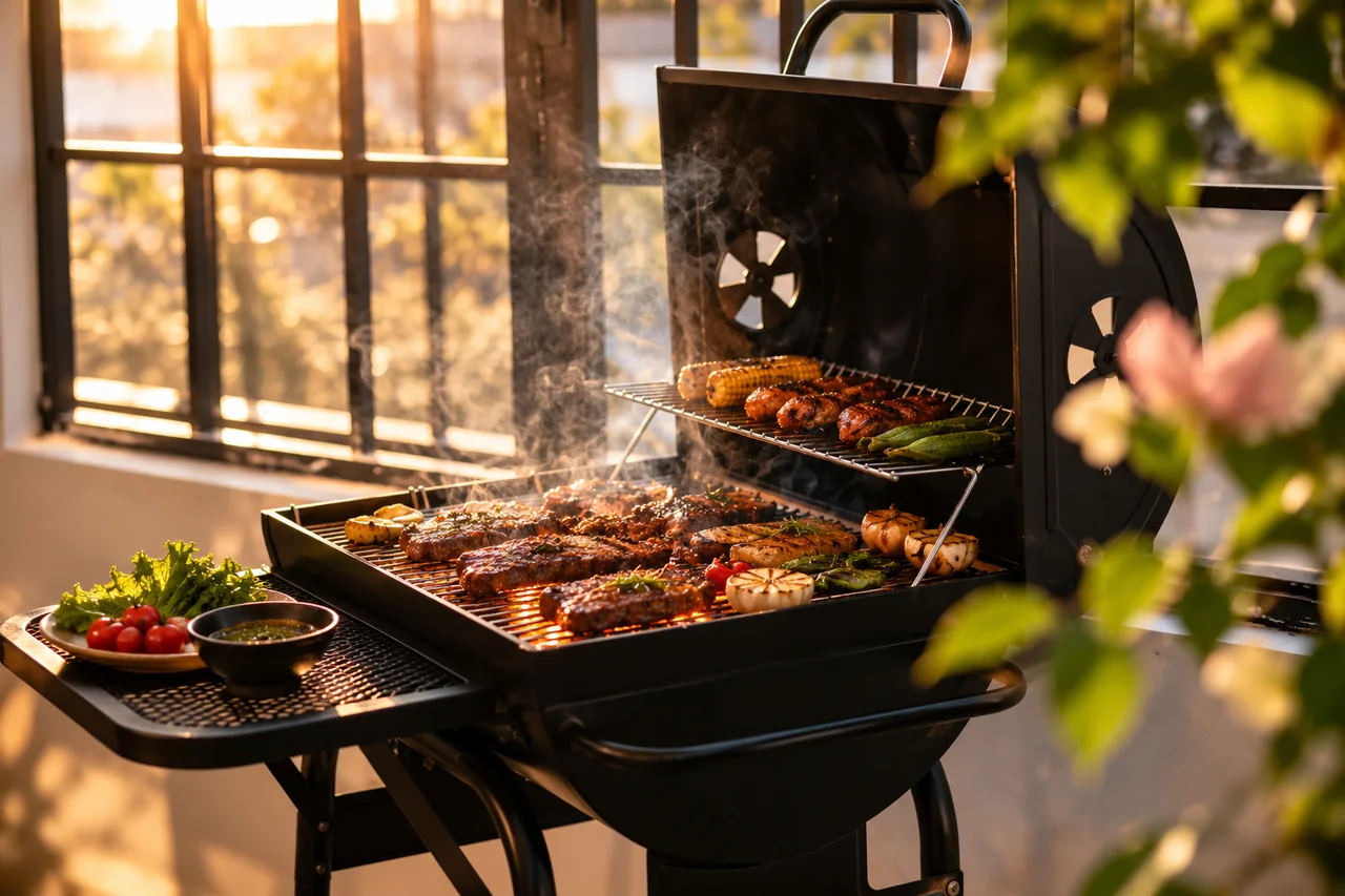 Lò nướng BBQ bên khung cửa nắng