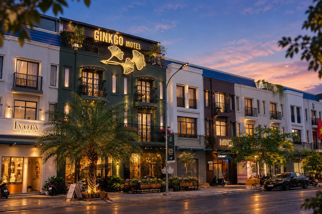 Mặt tiền Ginkgo Motel lúc hoàng hôn