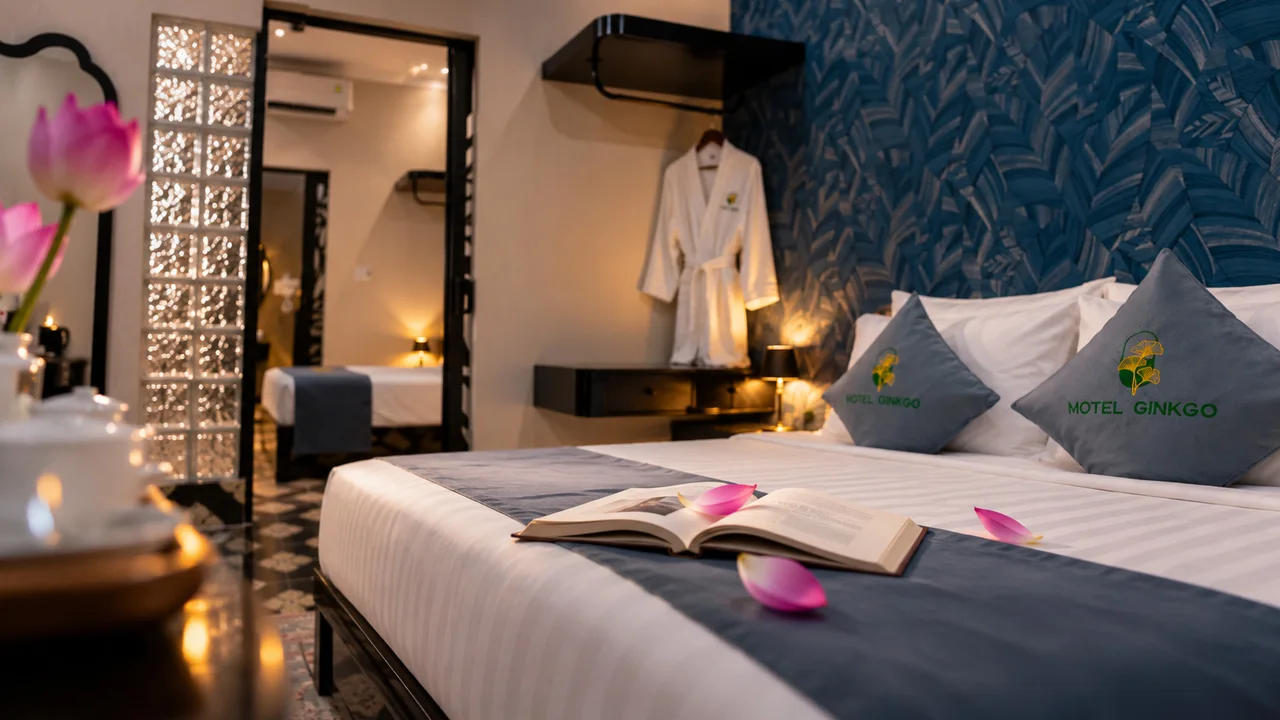 Góc giường với sách và cánh sen trong Family Room