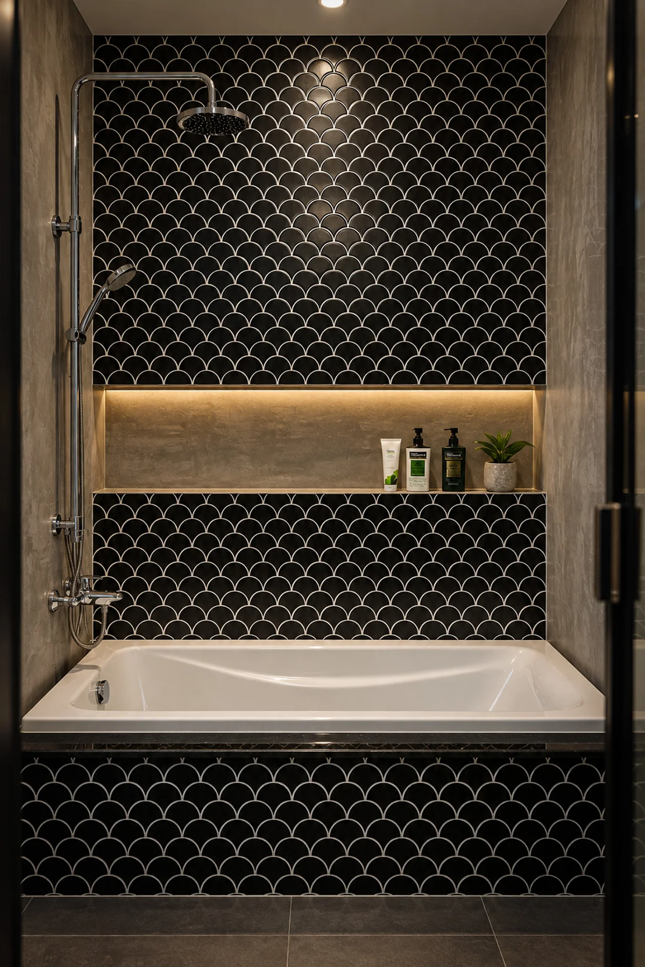 Bồn tắm ốp gạch vảy cá đen trong Master Room